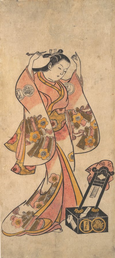 Sanjo Kantaro como Mulher Arrumando Seu Cabelo Antes de um Espelho de Laca, antes de 1763. de Torii Kiyomasu II.
