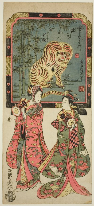 Animadores de Ano Novo perante o ecrã de pé do tigre de Torii Kiyomitsu I