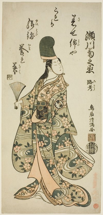 O ator Segawa Kikunojo II como Shirabyoshi Renri na peça "Imayo Dojoji" representada no Teatro Ichimura no décimo primeiro mês de 1756 de Torii Kiyomitsu I