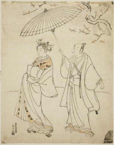 Os actores Ichikawa Komazo I (E) e Nakamura Matsue I (D) de Torii Kiyomitsu I
