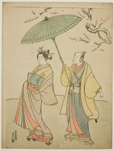 Os actores Ichikawa Komazo I (E) e Nakamura Matsue I (D) de Torii Kiyomitsu I
