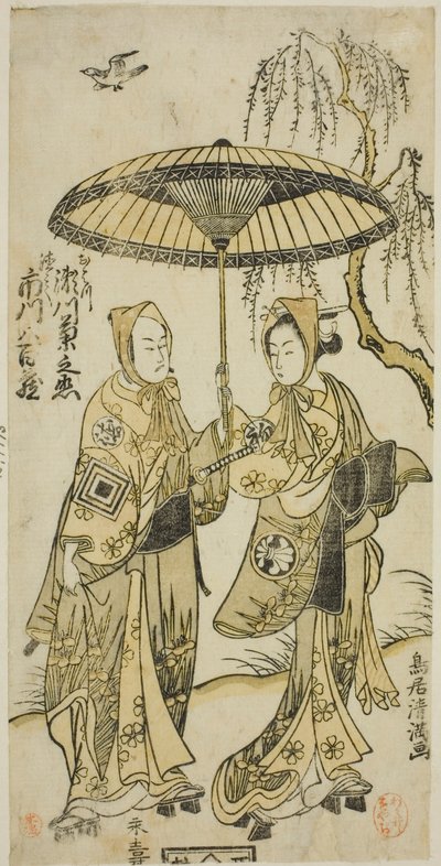 Os actores Segawa Kikunojo II como Ohatsu e Ichikawa Yaozo II como o seu amante Tokubei na peça "Yoni Osaka Nitsui no Meoto", representada no Teatro Ichimura no segundo mês de 1767 de Torii Kiyomitsu I