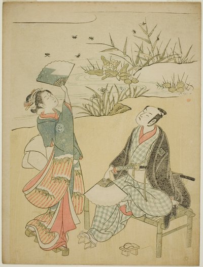 Dois actores a apanhar pirilampos de Torii Kiyomitsu I