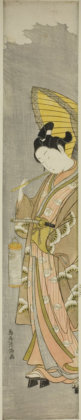 Jovem com guarda-chuva e lanterna de Torii Kiyomitsu I
