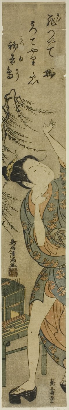 Mulher jovem a libertar um pássaro de Torii Kiyomitsu I