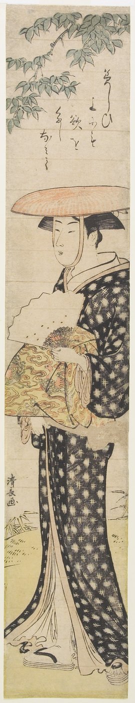 (Uma mulher com um chapéu andando debaixo de uma árvore), 1782 de Torii Kiyonaga