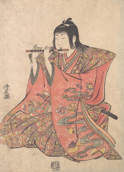 Uma boneca representando um menino tocando flauta, c. 1780. de Torii Kiyonaga