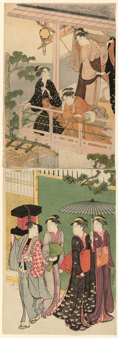 Um vendedor ambulante passando por baixo de uma varanda de Torii Kiyonaga