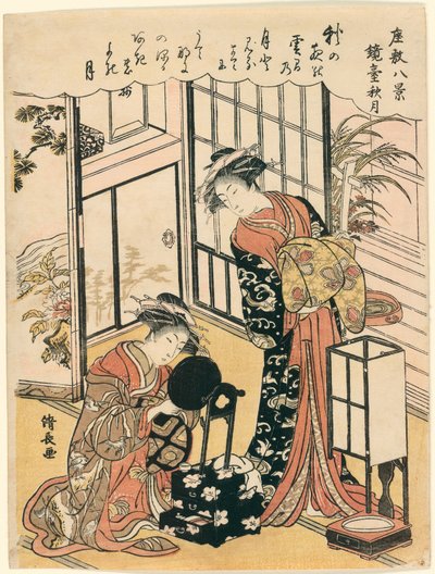Um espelho em um suporte sugerindo a lua outonal (Kyodai no shugetsu), da série "Oito cenas do salão (Zashiki hakkei)" de Torii Kiyonaga