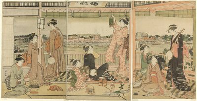 Uma festa vendo a lua do outro lado do rio Sumida de Torii Kiyonaga