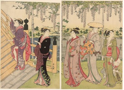 Admirando as glicínias no Santuário Kameido de Torii Kiyonaga