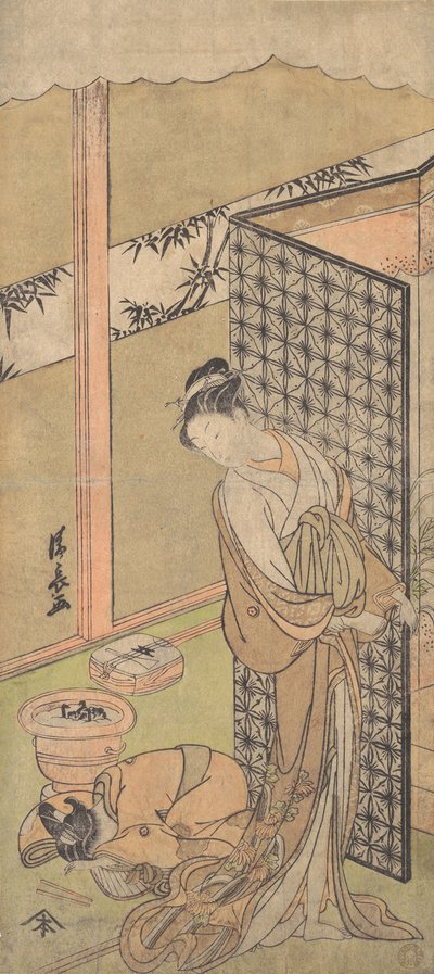 Uma Oiran em traje de noite, pausando, com uma mão na tela que envolve sua cama,..., ca. 1770. de Torii Kiyonaga