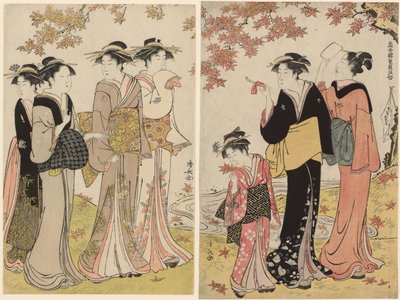 Beauties Under a Maple Tree, da série "A Collection of Contemporary Beauties of the Pleasure Quarters (Tosei yuri bijin awase)" de Torii Kiyonaga