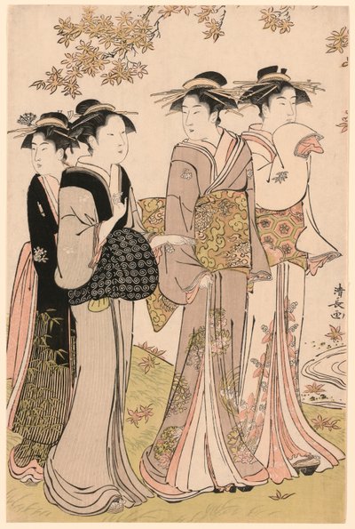 Beauties Under a Maple Tree, da série "A Collection of Contemporary Beauties of the Pleasure Quarters (Tosei yuri bijin awase)" de Torii Kiyonaga