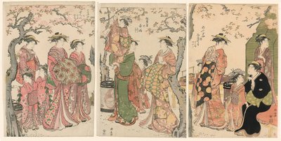 Cortesãs e seus filhos assistentes sob cerejeiras em flor de Torii Kiyonaga