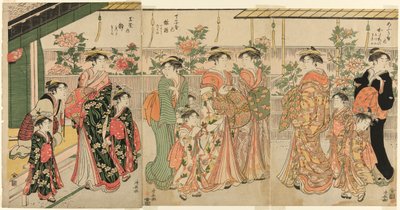 Cortesãs de Yoshiwara e seus atendentes vendo as peônias em Nakanocho de Torii Kiyonaga