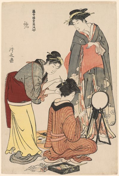 Entertainers of the Tachibana, da série "A Collection of Contemporary Beauties of the Pleasure Quarters (Tosei yuri bijin awase)", c.1782 (xilogravura a cores; oban) de Torii Kiyonaga