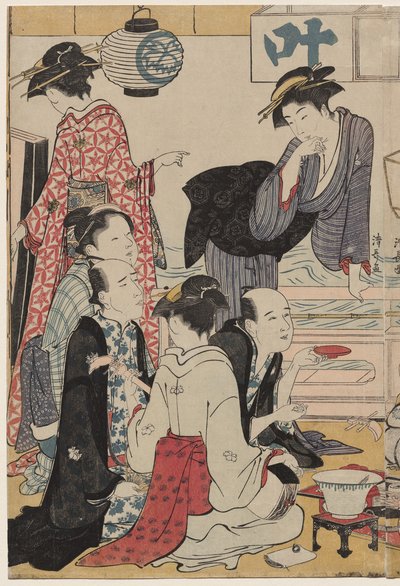 Entretenimento em uma varanda à beira da água em Nakasu, da série, A Collection of Beautiful Modern Women of the Pleasure Quarters de Torii Kiyonaga