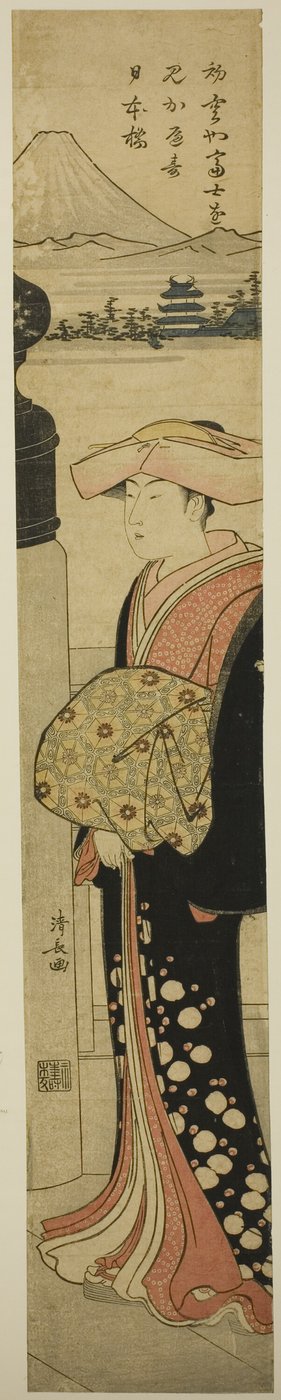 Mulher bem vestida atravessando a ponte Nihonbashi de Torii Kiyonaga