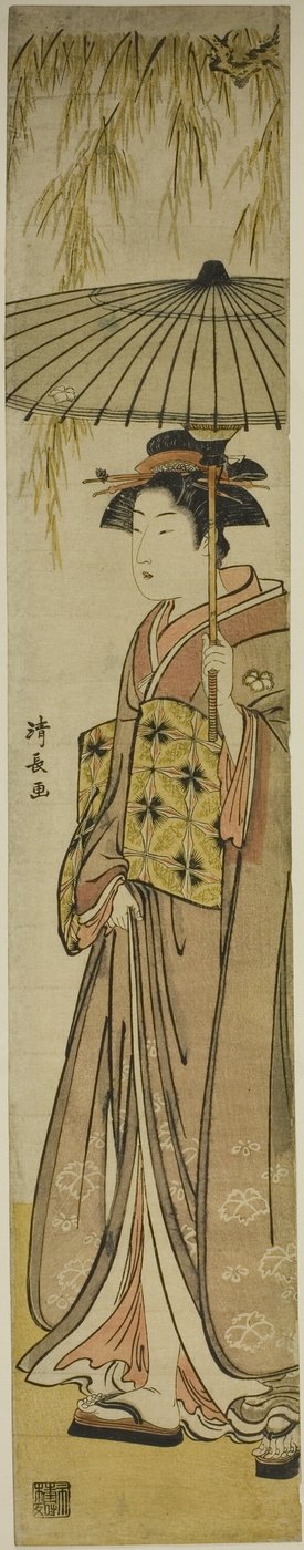 Gueixa carregando um guarda-sol sob um salgueiro de Torii Kiyonaga