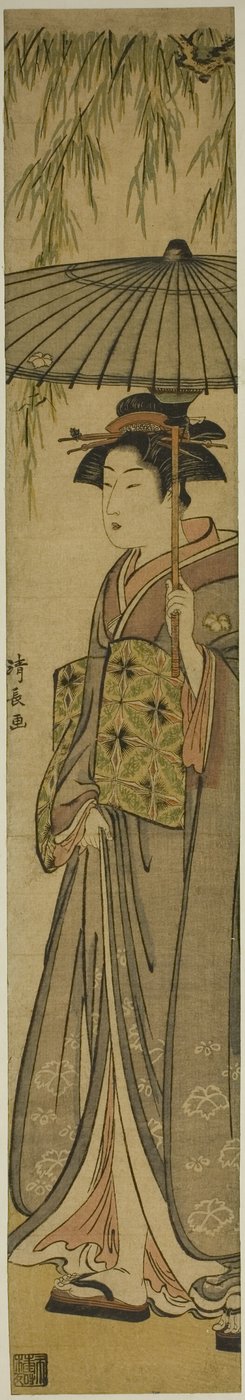 Gueixa carregando um guarda-sol sob um salgueiro de Torii Kiyonaga