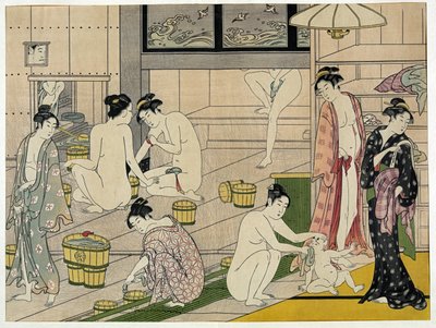 The Bathhouse Women - Obra de Torii Kiyonaga (1752-1815), gravura (18 x 13,5 cm), cerca de 1790 - Coleção Particular de Torii Kiyonaga