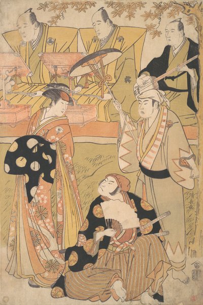 Onoe Matsusuke I como um Oiran fica à esquerda, conversando com Nakamura Nakazo I como um Sam..., ca. 1788. de Torii Kiyonaga