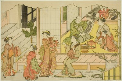 Abrindo o Armazém (Kurabraki), do livro ilustrado "Colors of the Triple Dawn (Saishiki mitsu no asa)" de Torii Kiyonaga