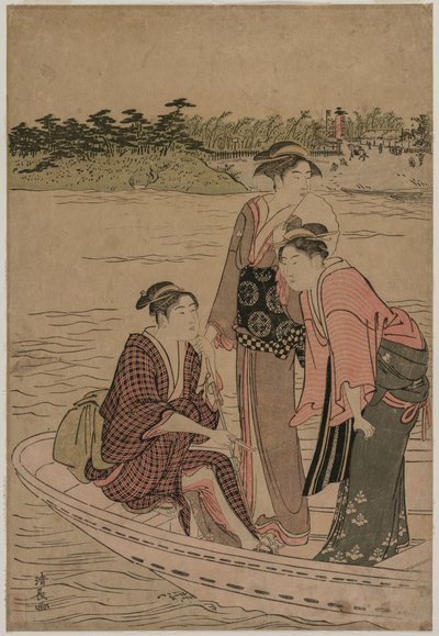 Passageiros em um ferryboat no rio Sumida, 1784. de Torii Kiyonaga