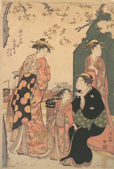 Retrato da cortesã Nioteru do Ogiya, com seus dois assistentes Namiji e Ao-..., ca. 1785. de Torii Kiyonaga