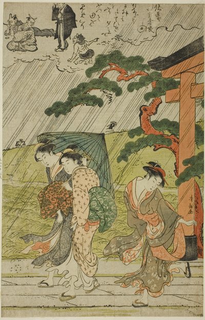Chuveiro repentino no Santuário de Mimeguri de Torii Kiyonaga