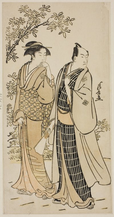 O ator Ichikawa Monnosuke II e sua esposa, de uma série de gravuras sem título mostrando atores na vida privada de Torii Kiyonaga