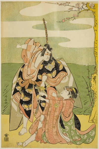 O ator Ichikawa Monnosuke II como Soga no Goro e Segawa Kikunojo III como Tsukisayo, na peça "Nanakusa Yosooi Soga", apresentada no Teatro Nakamura no primeiro mês de 1782 de Torii Kiyonaga