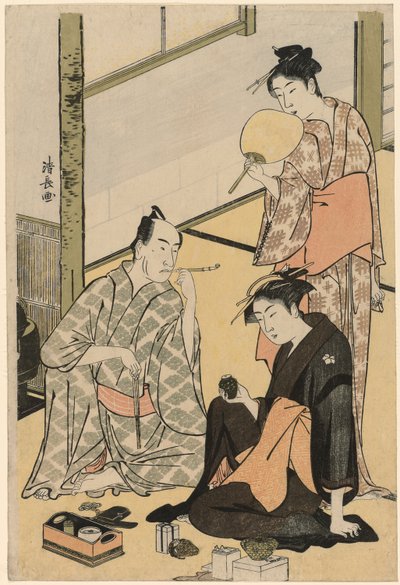 O ator Matsumoto Koshiro IV com sua família, de uma série sem título de quatro gravuras mostrando atores na vida privada de Torii Kiyonaga