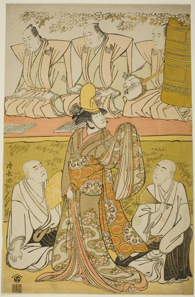 O ator Nakamura Nakazo I como o Shirabyoshi Katsuragi, Matsumoto Koshiro IV como o monge Meigetsubo, e Otani Hiroji III como o monge Izayoibo, na peça "Edoganoko Musume Dojoji", apresentada no Teatro Ichimura no oitavo mês de 1783 de Torii Kiyonaga