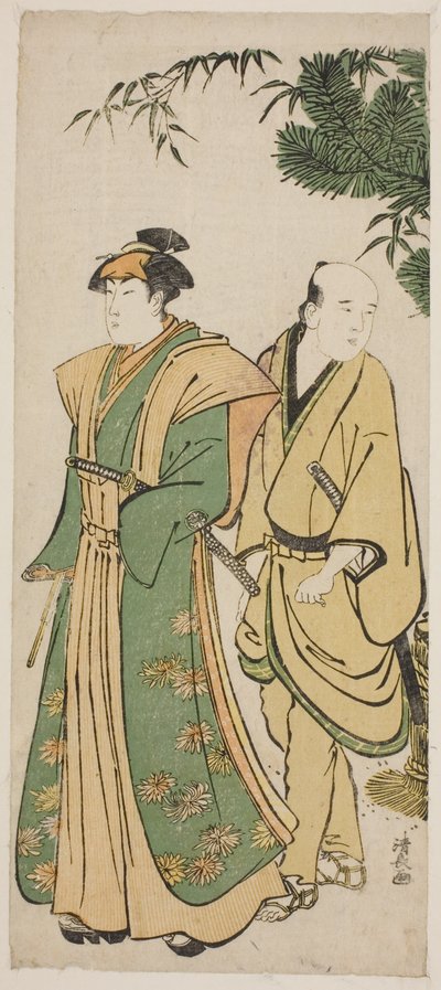 O ator Segawa Kikunojo III e o seu acompanhante fazem a ronda cermonial no Ano Novo de Torii Kiyonaga