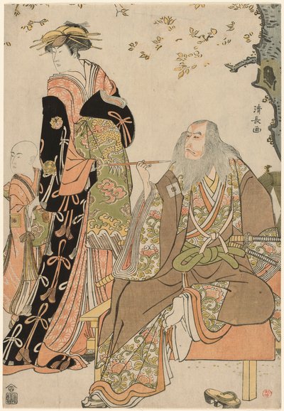Os actores Ichikawa Danjuro V como Hige no Ikyu, Nakamura Riko como Agemaki, e Ichikawa Ebizo como assistente de Agemaki na peça "Sukeroku Yukari no Edozakura" no Teatro Nakamura no terceiro mês de 1784 de Torii Kiyonaga