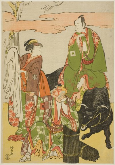 Os atores Ichikawa Monnosuke II como Miyukinosuke, Segawa Kikunojo III como Hatsune-hime, e Ichikawa Danjuro V como Ninnaji no Saibei, no joruri "Shitenno Oe no Yamairi", realizado no Kiri Theatre no décimo primeiro mês, 1785 de Torii Kiyonaga