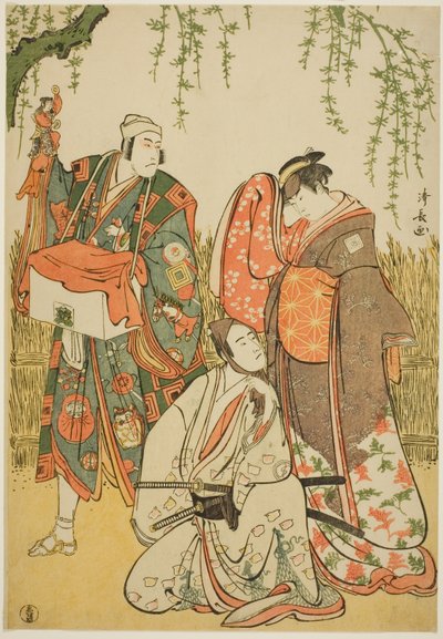 Os atores Ichikawa Yaozo III como Shiragiku, Ichikawa Danjuro V como o marionetista Dekurokubei e Sawamura Sojuro III como Soga no Juro, no joruri "Shinobukoi Yanagi no Katsura Otoko", realizado no Teatro Nakamura no primeiro mês de 1785 de Torii Kiyonaga