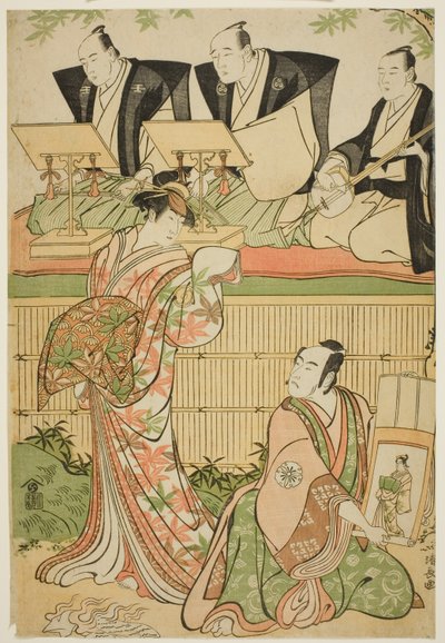 Os atores Matsumoto Koshiro IV como Ukita Sakingo e Sawamura Sojuro III como o fantasma da cortesã Takao, na peça "Ominaeshi Sugata no Hatsuaki", apresentada no Teatro Nakamura, 1788 de Torii Kiyonaga