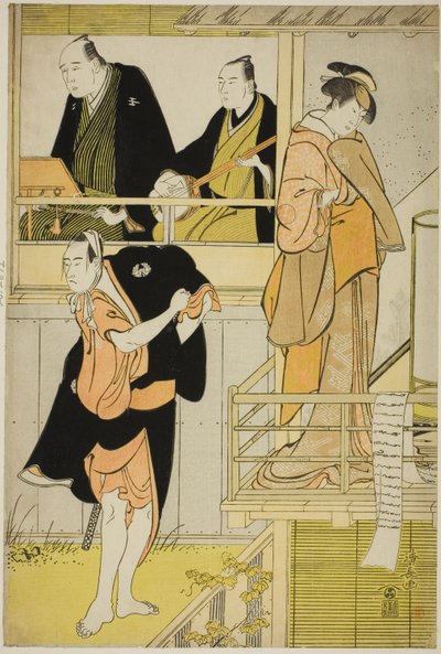 Os atores Nakamura Riko I como Tanbaya Otsuma e Ichikawa Yaozo III como Furuteya Hachirobei, no joruri "Sakamachi Yoi no Yotsutsuji", apresentado no Teatro Nakamura no terceiro mês de 1785 de Torii Kiyonaga