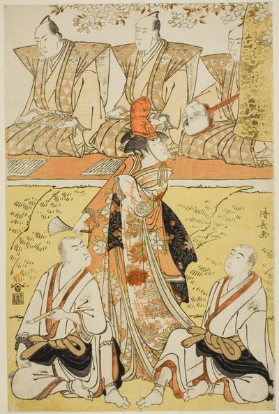 Os atores Segawa Kikunojo III como Koito, Sawamura Sojuro III como o monge Sainenbo e Ichikawa Monnosuke II como o monge Renseibo, no shosa "Mata Saku Hana Museume Dojoji", apresentado no Teatro Nakamura no quarto mês de 1783 de Torii Kiyonaga