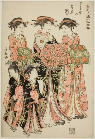 A cortesã Wakakusa de Chojiya com seus atendentes Asano e Midori, da série "Modelos de moda: novos designs tão frescos quanto as folhas jovens (Hinagata wakana no hatsu moyo)" de Torii Kiyonaga
