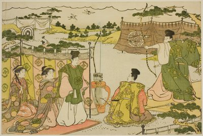 A Primeira Prática de Tiro com Arco do Ano Novo (Yumi hajime), do livro ilustrado "Colors of the Triple Dawn (Saishiki mitsu no asa)" de Torii Kiyonaga
