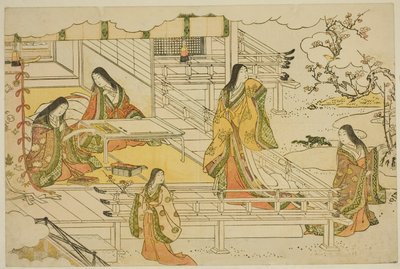 A Primeira Caligrafia do Ano Novo (Kissho hajime), do livro ilustrado "Colors of the Triple Dawn (Saishiki mitsu no asa)" de Torii Kiyonaga
