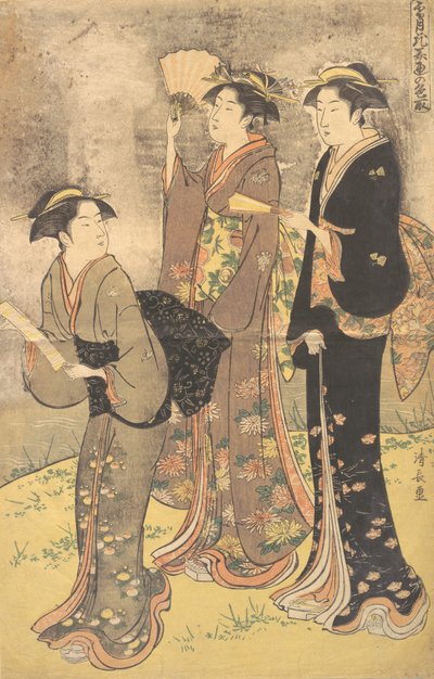 Três moças passeando na margem do rio Sumida. de Torii Kiyonaga