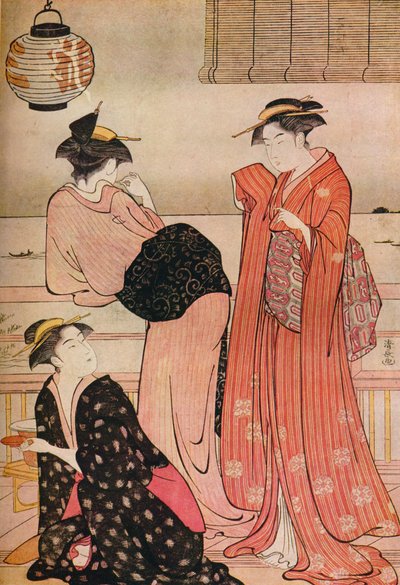 Três meninas na varanda de uma casa de chá com vista para Edo Bay em Shinagawa, c1752-1815 de Torii Kiyonaga