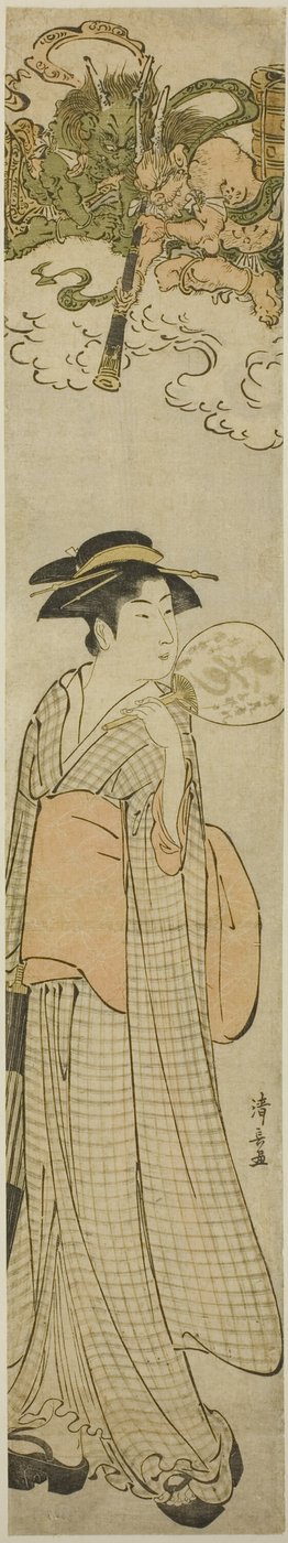 Deuses do trovão espiando uma beleza através de um telescópio de Torii Kiyonaga