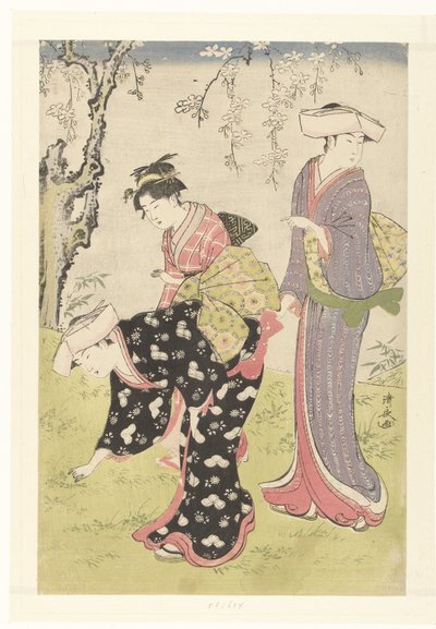 Duas mulheres e uma rapariga debaixo de uma cerejeira em flor
Brocados de costumes e práticas no Oriente (título da série)
Fuzoku Azuma no nishiki (título da série) de Torii Kiyonaga