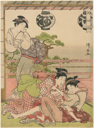 Duas Gueixas Lutando por uma Carta (Fumi no arasoi), da série "Flores de Nakasu (Nakasu no hana)" de Torii Kiyonaga